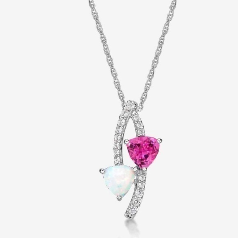 Created Opal and Pink & White Sapphire Sterling Silver Pendant Necklace